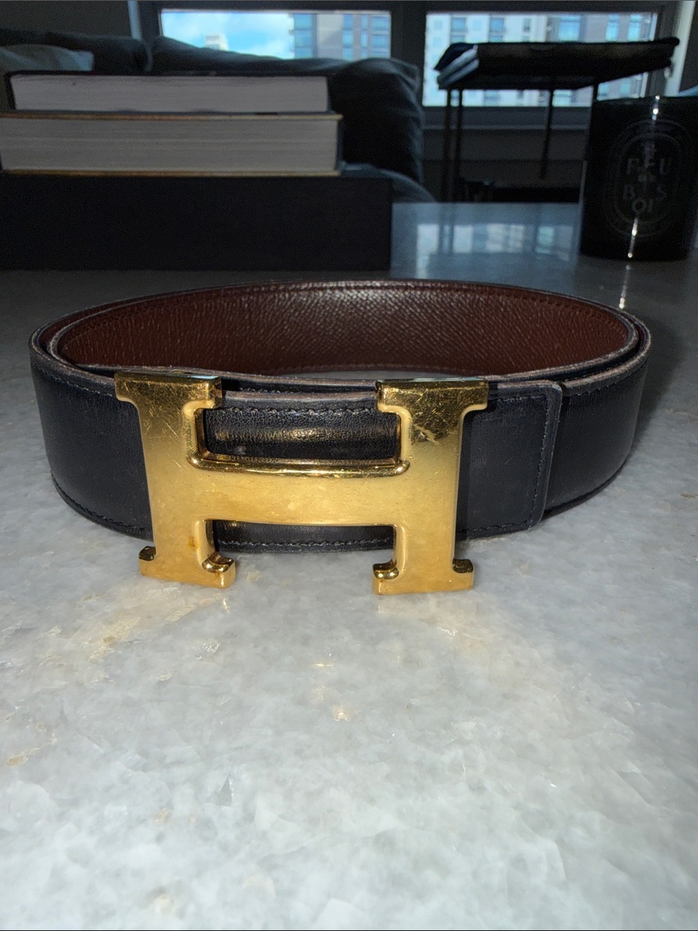 Authentic Hermes Reversible Black/Brown Leather Belt with Gold 'H' Buckle Sz 80